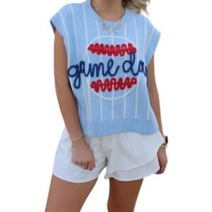 Peach Love California Womens Stripe Sleeveless Baseball Game Day Sweater Sz S